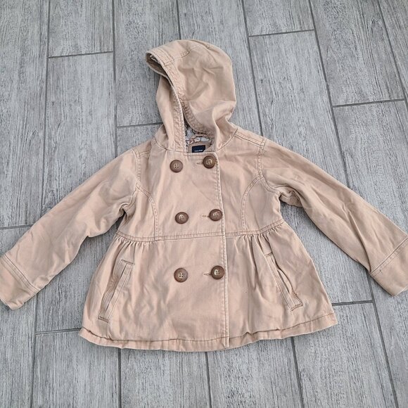 Baby Gap Toddler Girls Tan Hooded Peacoat Jacket with Floral Lining Size 5 - Picture 1 of 14